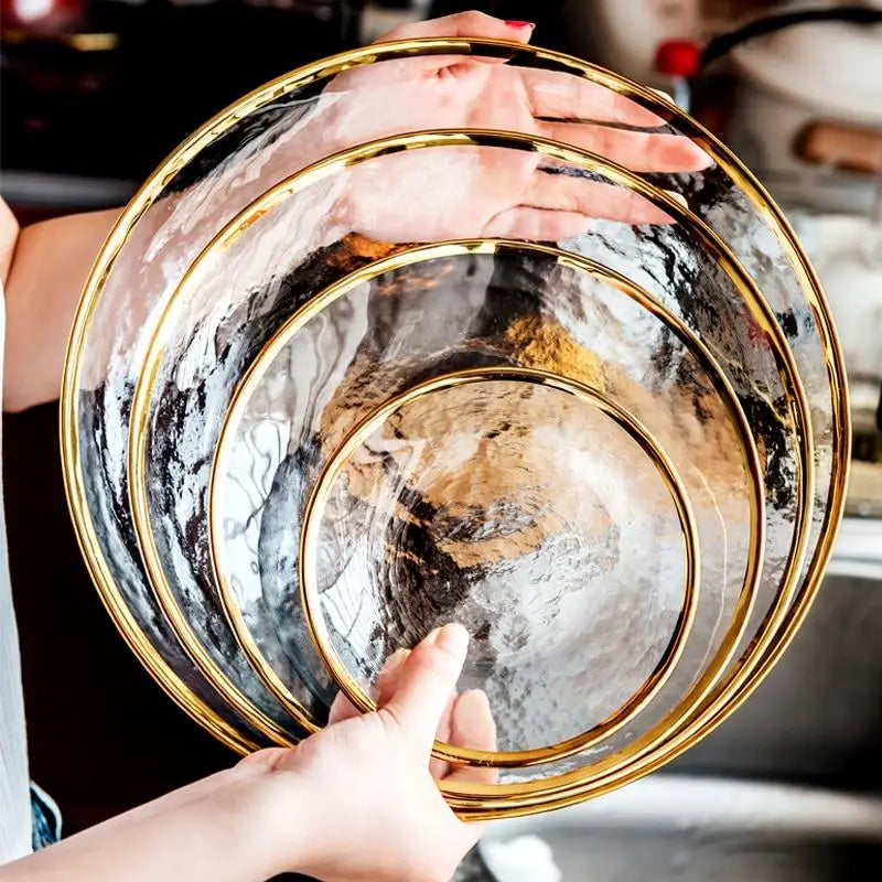 Aurora Gold-Edge Glass plate and bowl in transparent and rainbow tint with polished gold rim sizes 5,6,8,10,12 inch
