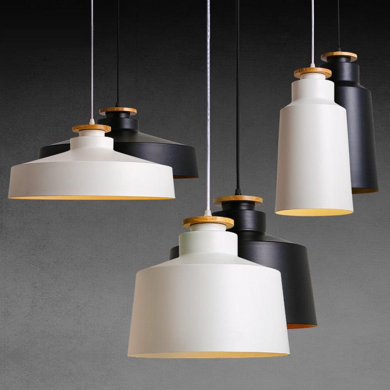 Contrast Metal and Wood Pendant light painted aluminum shade raw wood accent Disk Dome Cone shapes black or white