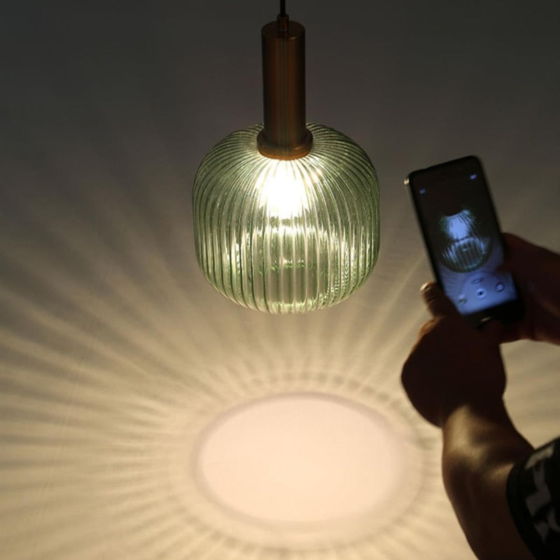 Ripple Glass Pendant Light Lantern Style Brass