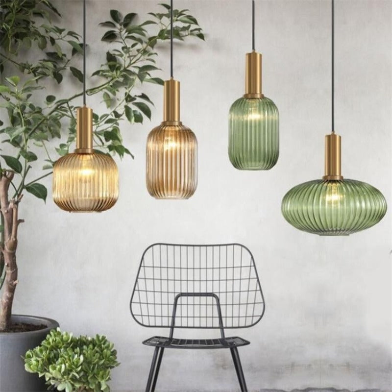 Ripple Glass Pendant Light Lantern Style Brass