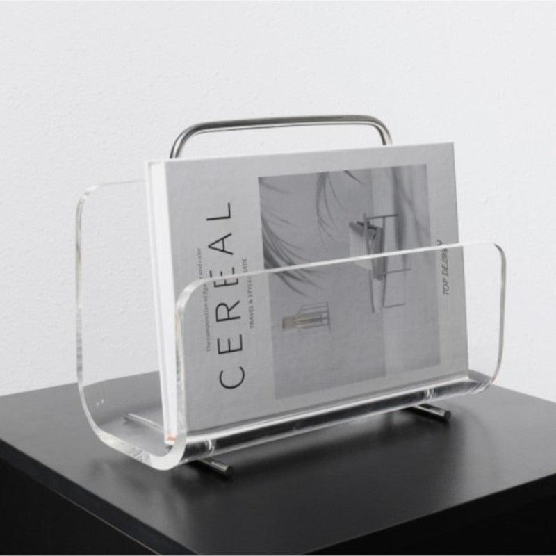 Ghost Acrylic Magazine Rack transparent panels chrome frame deep brown accents portable desk organizer 30x14x24cm