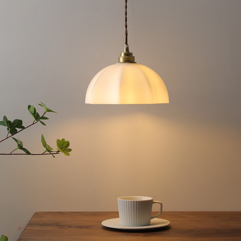 Klimt Glass and Brass Pendant Light white frosted fluted shade twisted cord brass fittings 59in adjustable E27 base