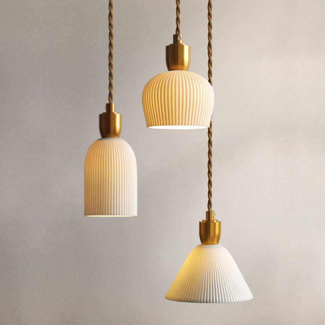 Pleated Ceramic Brass Cocoon Pendant Light white shade with gold brass accents pleated texture E14 base adjustable 1.5m cord