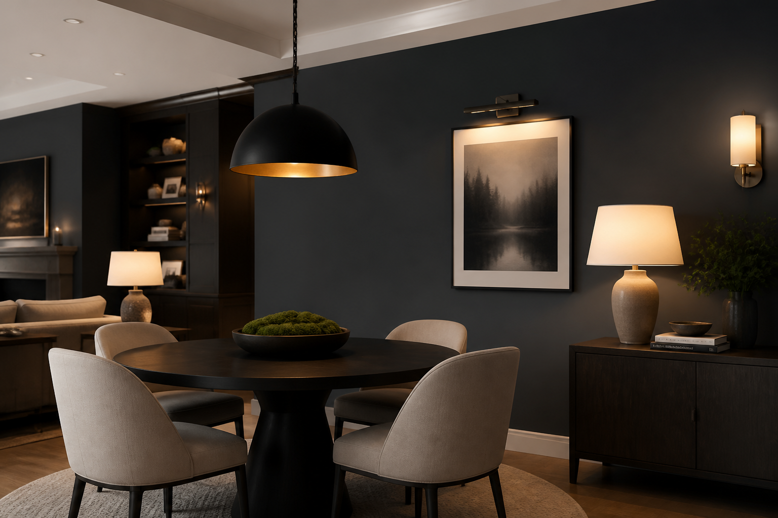 Room with dark charcoal walls lit by a pendant light, wall light, and table lamp