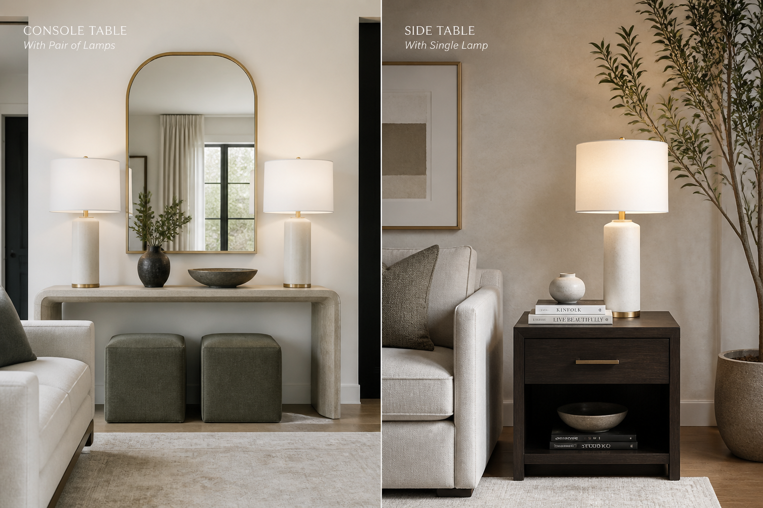 A console with two matching lamps and a side table with one lamp in a modern home interior