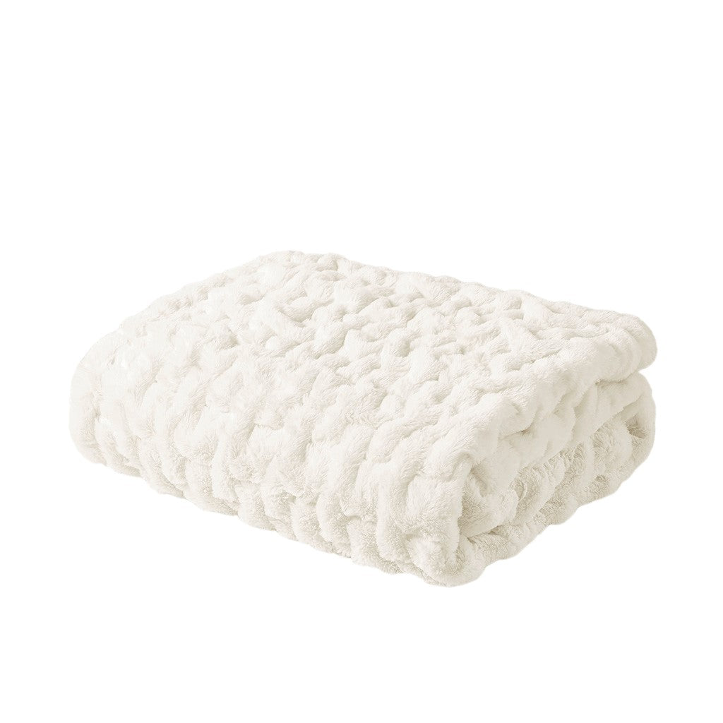 Ruched Faux Fur Throw Blanket Plush Textured Soft Cozy Sofa or Bed Accent