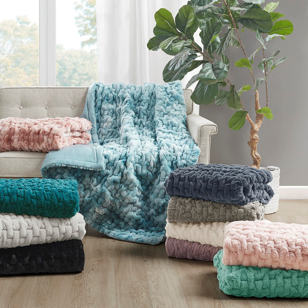 Ruched Faux Fur Throw Blanket Plush Textured Soft Cozy Sofa or Bed Accent
