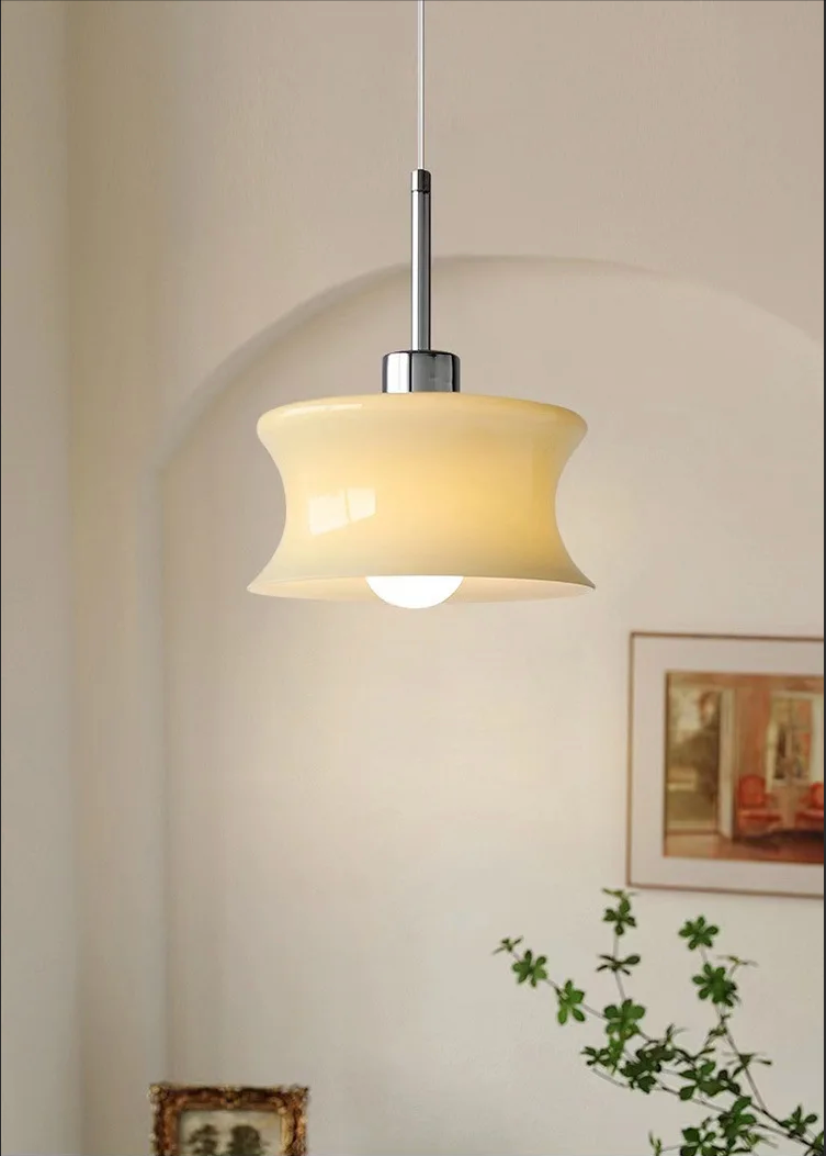 Retro glass pendant light French style ripple shape chrome accent cream white minimalist ceiling lamp bedroom dining room