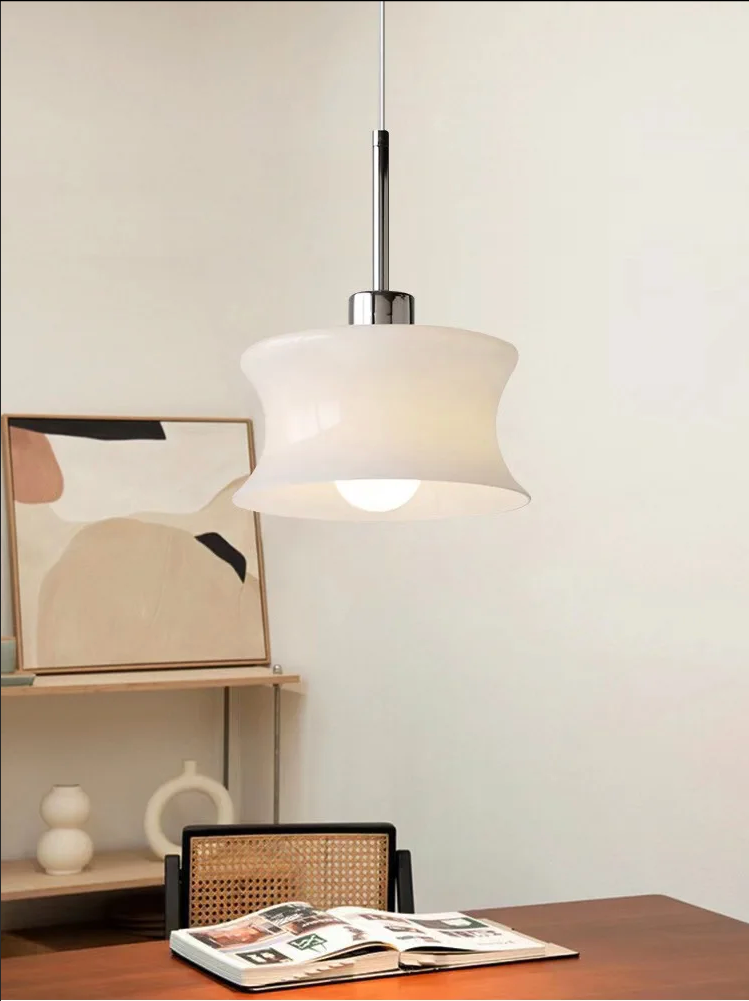 Retro glass pendant light French style ripple shape chrome accent cream white minimalist ceiling lamp bedroom dining room