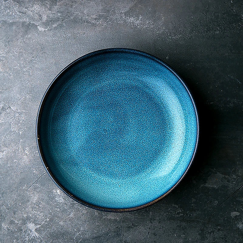 Kiln blue reactive glaze porcelain shallow pasta bowl plate with tapered rim, ceramic dinnerware for salads, pasta, curries, dishwasher and microwave safe