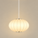 A modern spherical pendant light with a warm glowing cream paper lantern shade, suspended by a slim white cord from a white ceiling canopy against a solid beige background.