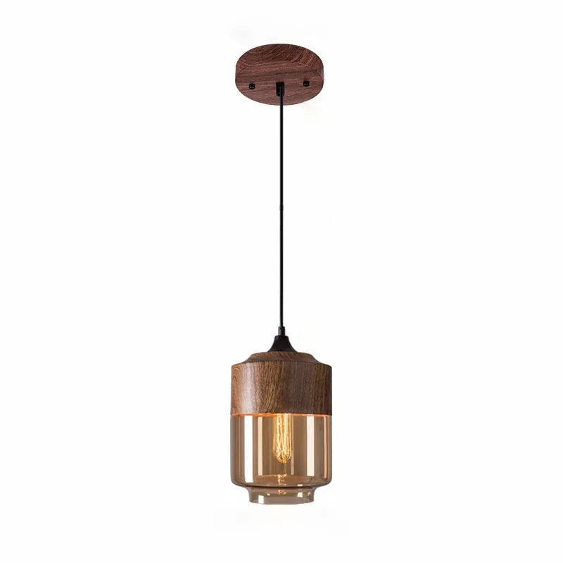Modern industrial wood tinted glass pendant light fixture