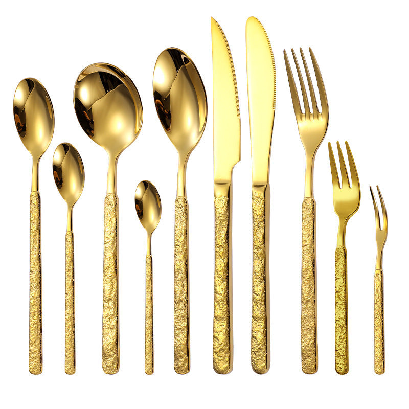 304 Rock Pattern Stainless Steel Western Tableware Golden Steak Knife, Fork, Spoon, Dessert Fork, Coffee Spoon, Hotel Restaurant Set-Letifly Lights and Decor