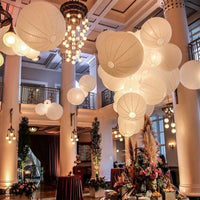 Paper Moon Hanging Lanterns rice paper round shades metal wire ribbing mixed 4-14 in sizes white Warm or Cool LED option