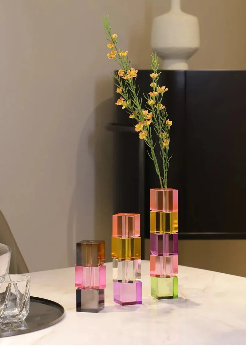 Glass block vase modern crystal geometric flower holder home décor