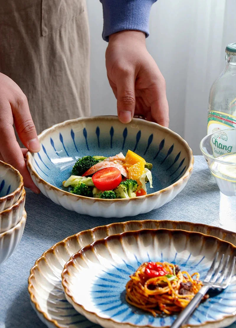 Blue ceramic dinnerware scalloped petal plate bowl sunburst glaze modern dining tableware set
