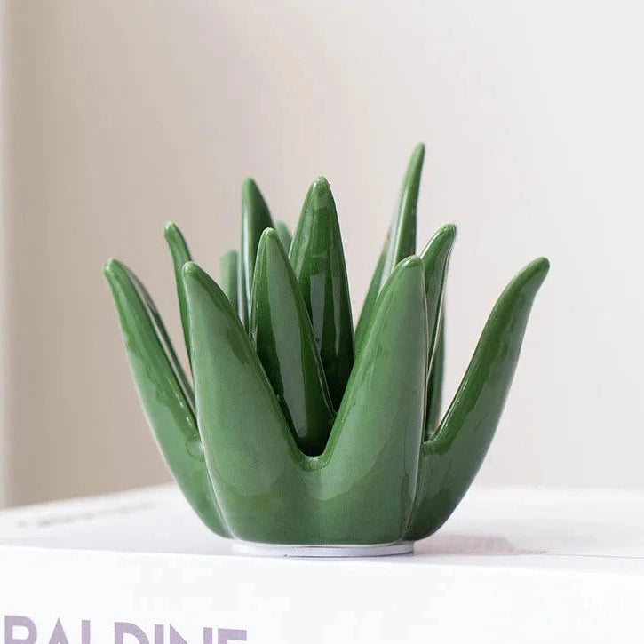 Nordic ceramic cactus aloe ring jewelry organizer, decorative green succulent earring storage dish for home study, office desk, and vanity decor