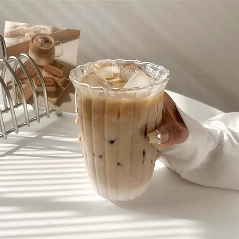 Fluted glass tumbler with scalloped ruffle rim clear drinking glass for iced coffee latte juice modern café style
