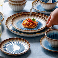 Blue ceramic dinnerware scalloped petal plate bowl sunburst glaze modern dining tableware set