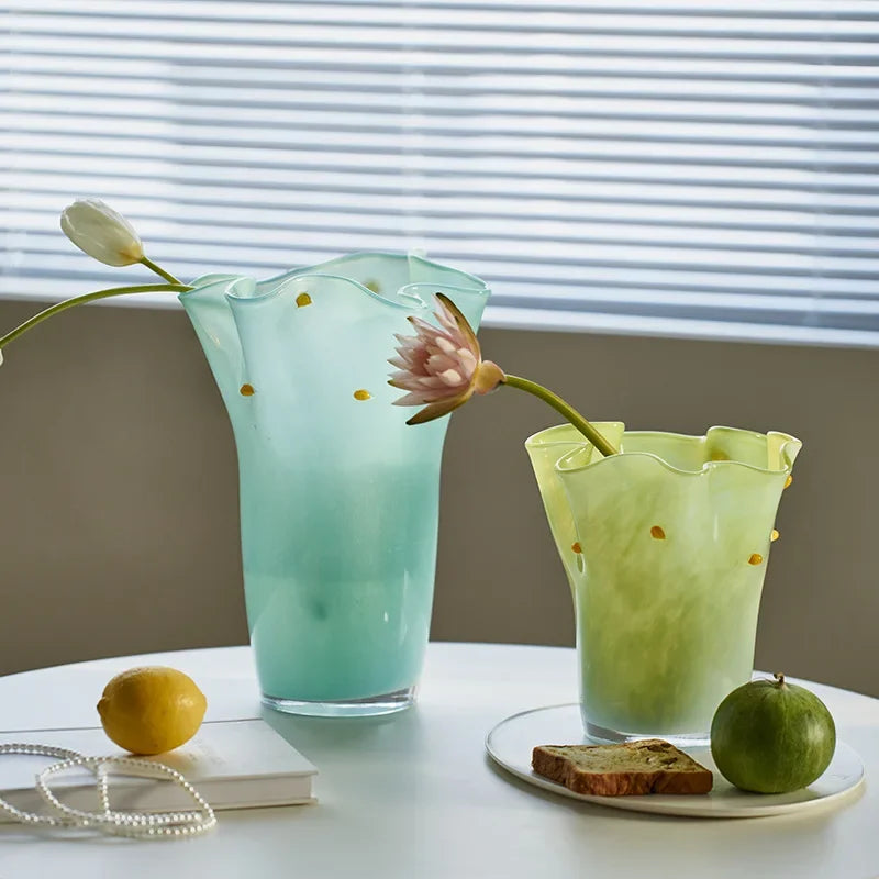 Glass vase gradient color wavy rim handblown ruffle edge pastel dotted accents