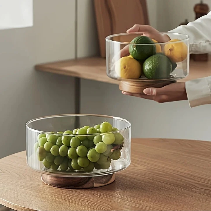Glass Fruit Bowl Creative Large Salad Bowl Wood Base Snacks Popcorn Nuts Storage Bowls Home Christmas Snack Storage Container-Letifly Lights and Decor