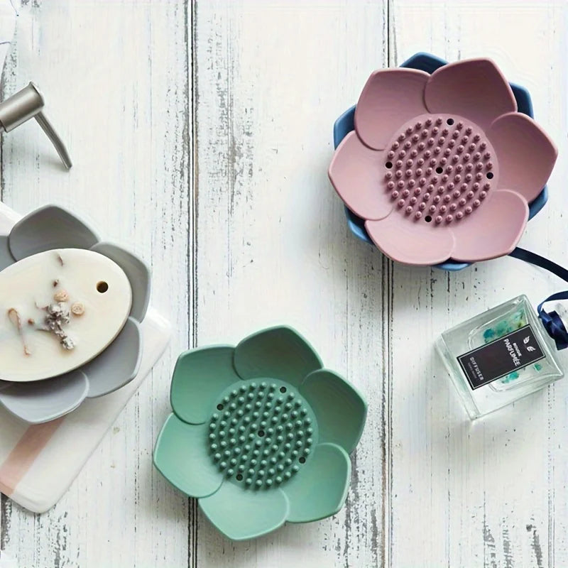 lotus flower silicone soap holder dish with drainage pad for bathroom or kitchen sink