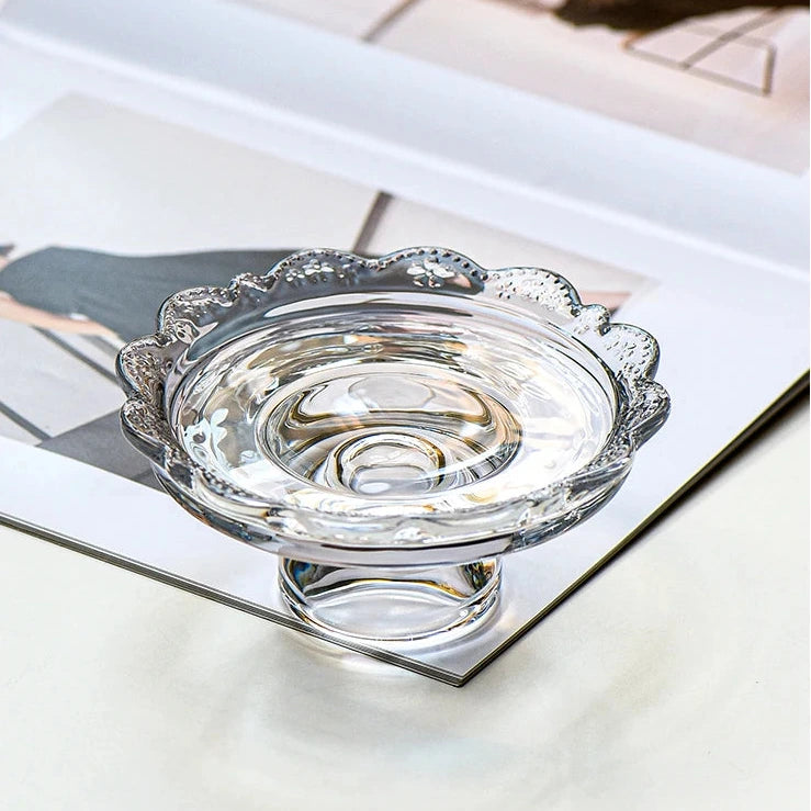 Vintage clear glass dessert plate, Heirloom Pedestal Tray jewelry display storage tray, scalloped lace candle holder for elegant home decoration.