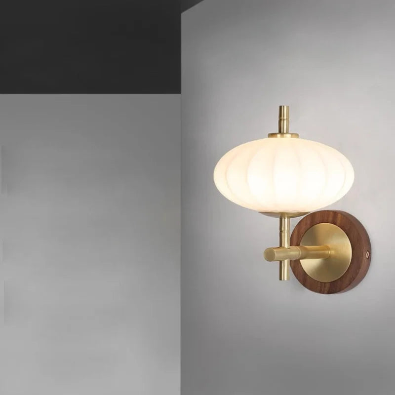 The Aurelia Sconce Walnut wood wall sconce with ribbed glass shade modern retro bedside light