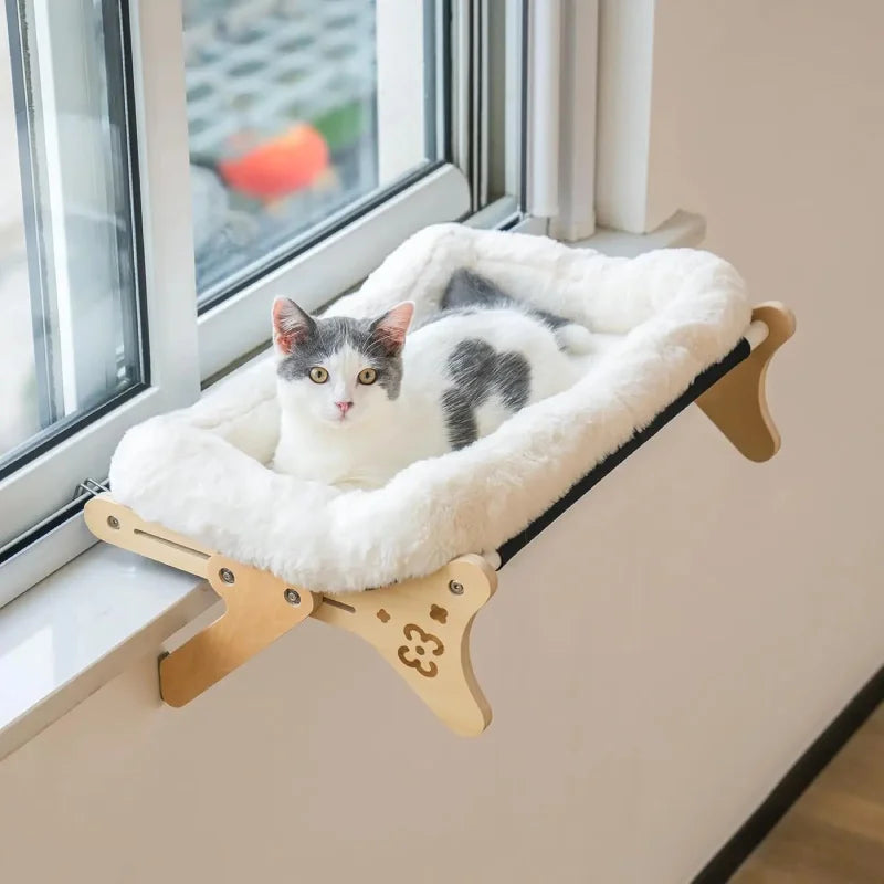 Cat window perch soft plush mount no-drill wood frame