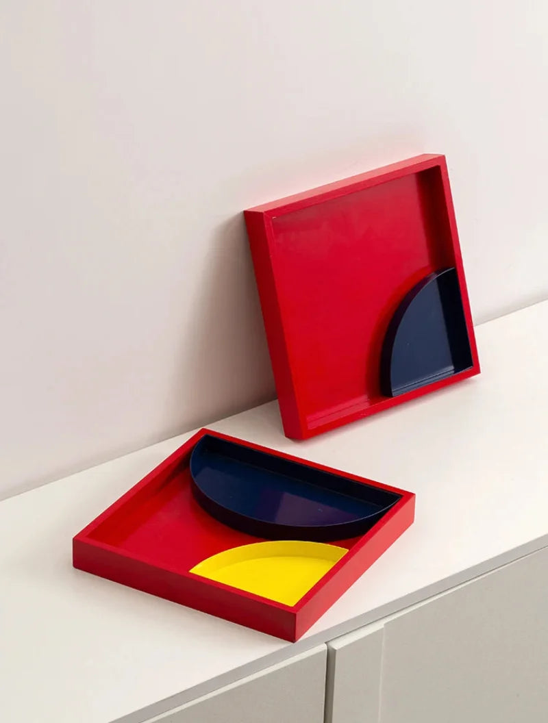Tray solid wood geometric color-block metallic accents for storage organization or display
