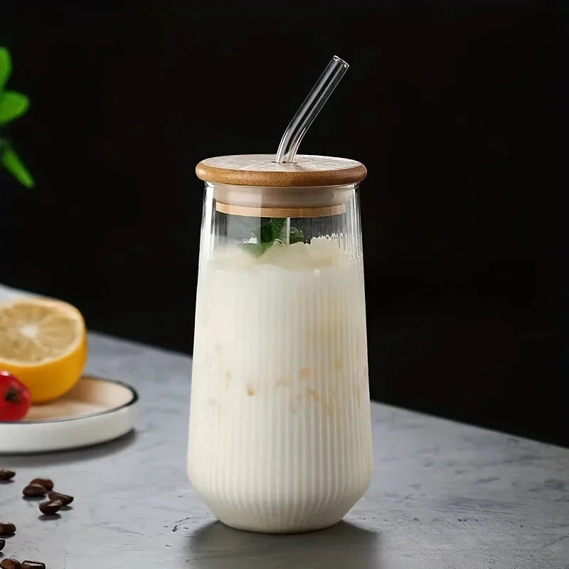Fluted Clarity Tumbler Heat-resistant fluted glass tumbler with bamboo lid and glass straw