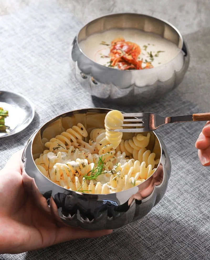 Radiance Ribbed Bowl Polished stainless steel ribbed bowl modern reflective noodle rice bowl