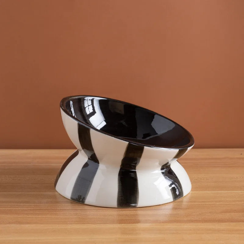 1pc minimalist style contrasting color striped high footed pet bowl ceramic cat bowl dog bowl anti knock-Letifly Lights and Decor