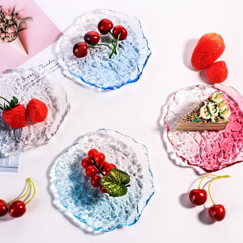 Zenith glass coaster set with irregular edges, transparent pink and blue textured plates for home dessert, dim sum, fruit, and decorative use