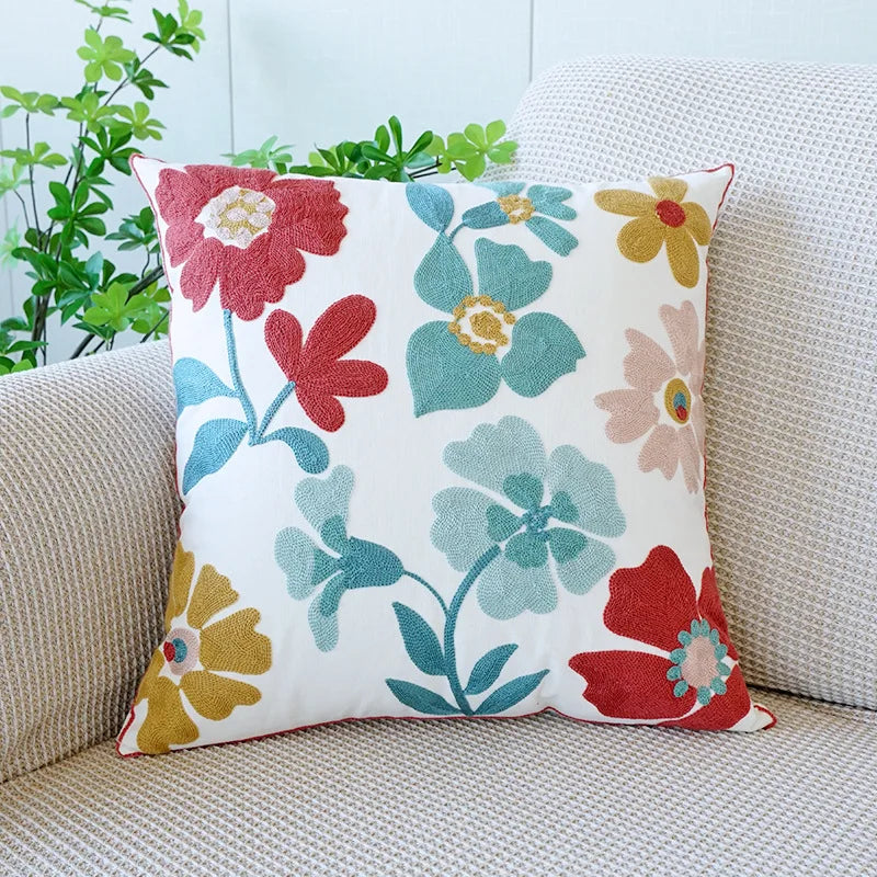 Embroidered Cotton Pillow Cover Nordic Floral Cushion Decorative Sofa Pillow