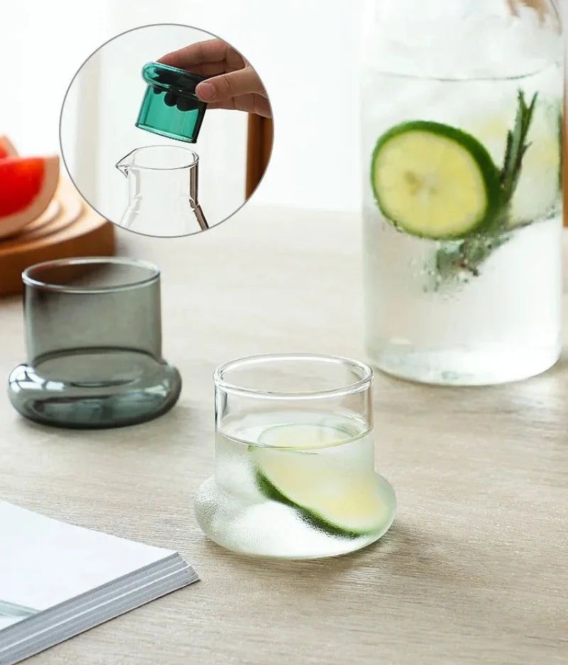 Glass carafe with cup lid modern water bottle minimalist infusion pitcher clear glass beverage container bedside carafe