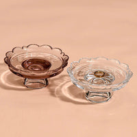 Vintage clear glass dessert plate, Heirloom Pedestal Tray jewelry display storage tray, scalloped lace candle holder for elegant home decoration.