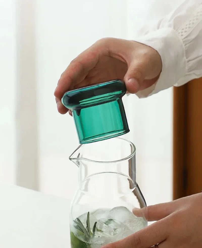 Glass carafe with cup lid modern water bottle minimalist infusion pitcher clear glass beverage container bedside carafe