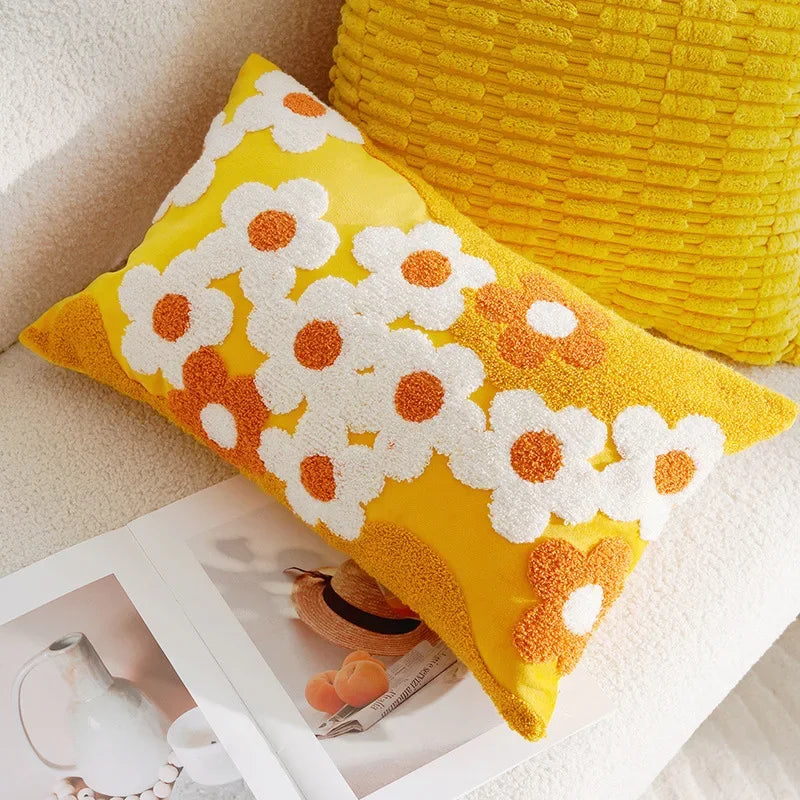 Floral embroidered cotton throw pillow cover daisy design cozy decorative cushion