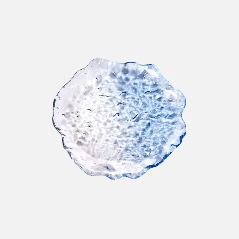 Zenith glass coaster set with irregular edges, transparent pink and blue textured plates for home dessert, dim sum, fruit, and decorative use