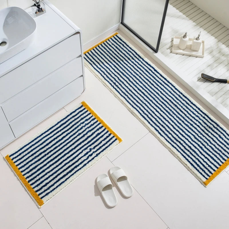 Long Tufting Blue Striped Rug Soft Flocking Non-slip Floor Mat Entrance Bedroom Living Room Girl's Bedside Blanket Home Decor