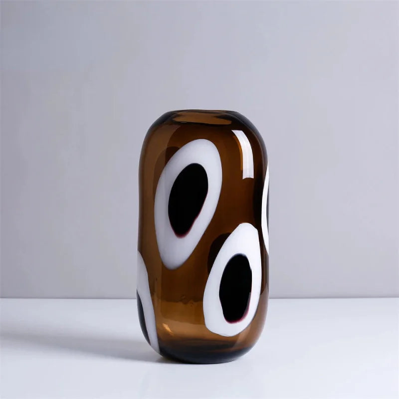 Glass Vase Amber White Black Spot Pattern Glossy Finish Ellipsoid flower terrarium vase