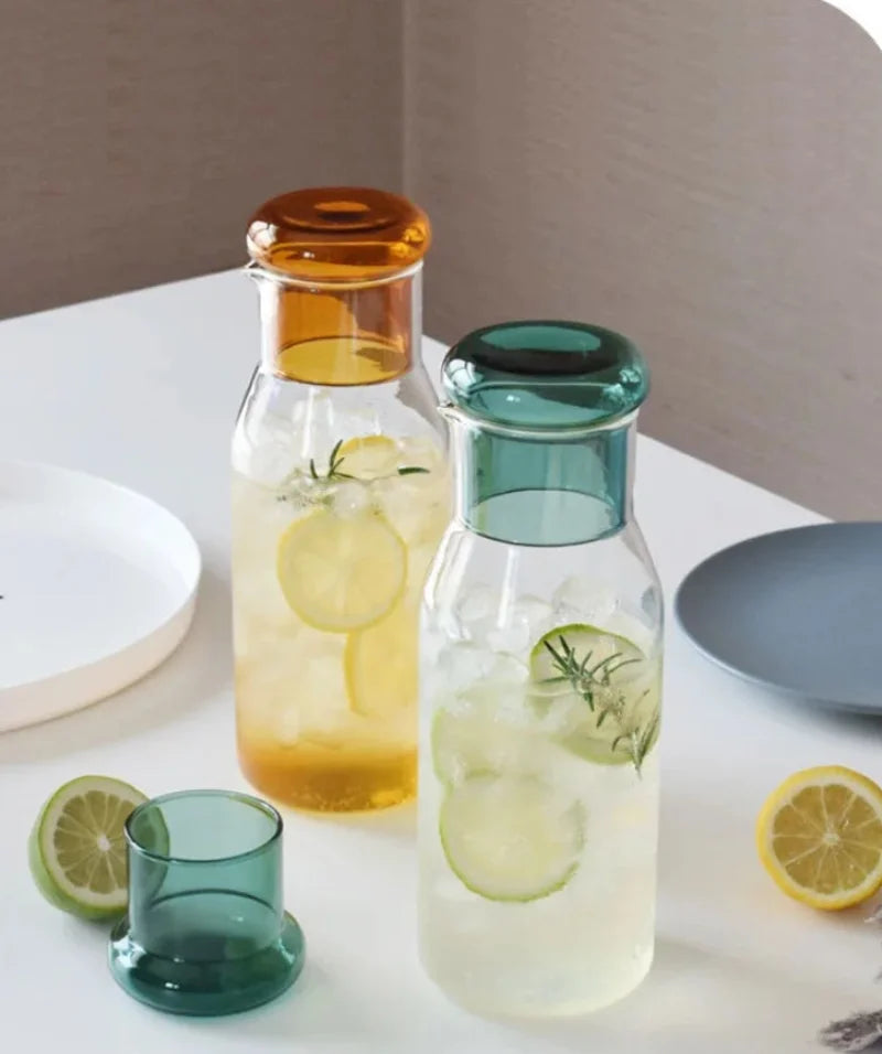 Glass carafe with cup lid modern water bottle minimalist infusion pitcher clear glass beverage container bedside carafe