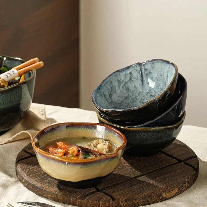 Ceramic serving bowls reactive glaze blue brown organic rim stackable modern dining tableware