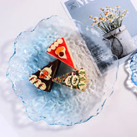 Zenith glass coaster set with irregular edges, transparent pink and blue textured plates for home dessert, dim sum, fruit, and decorative use