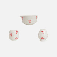 Ceramic matcha set red bow pattern bowl with spout whisk holder tea cup glossy ceramic tea tools