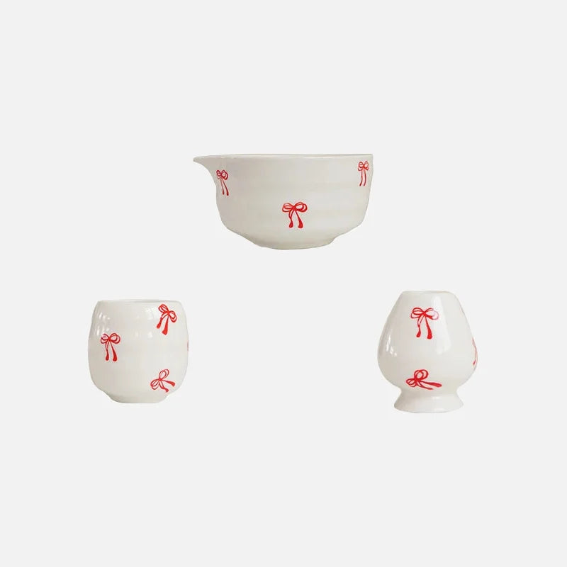 Ceramic matcha set red bow pattern bowl with spout whisk holder tea cup glossy ceramic tea tools