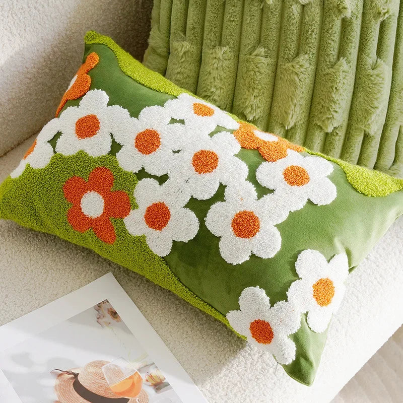 Floral embroidered cotton throw pillow cover daisy design cozy decorative cushion