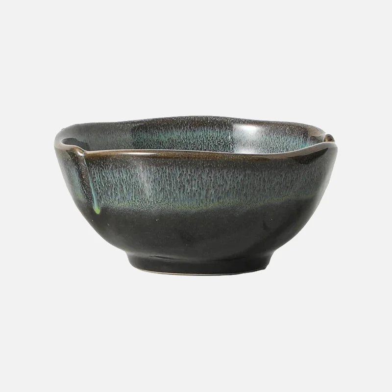 Ceramic serving bowls reactive glaze blue brown organic rim stackable modern dining tableware