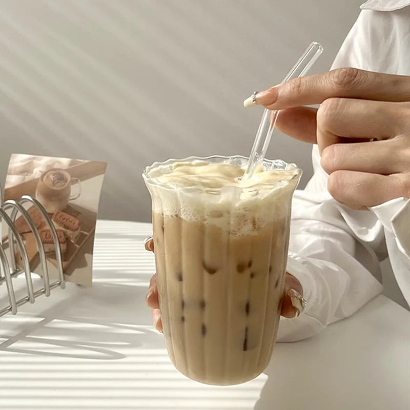 Fluted glass tumbler with scalloped ruffle rim clear drinking glass for iced coffee latte juice modern café style